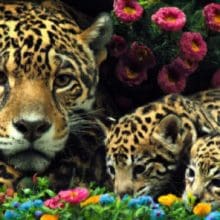 Jaguar Mom and Cubs in Flowers