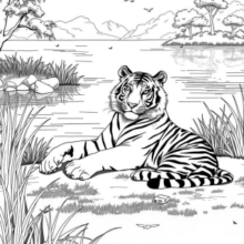 Pretty tiger near lake coloring page